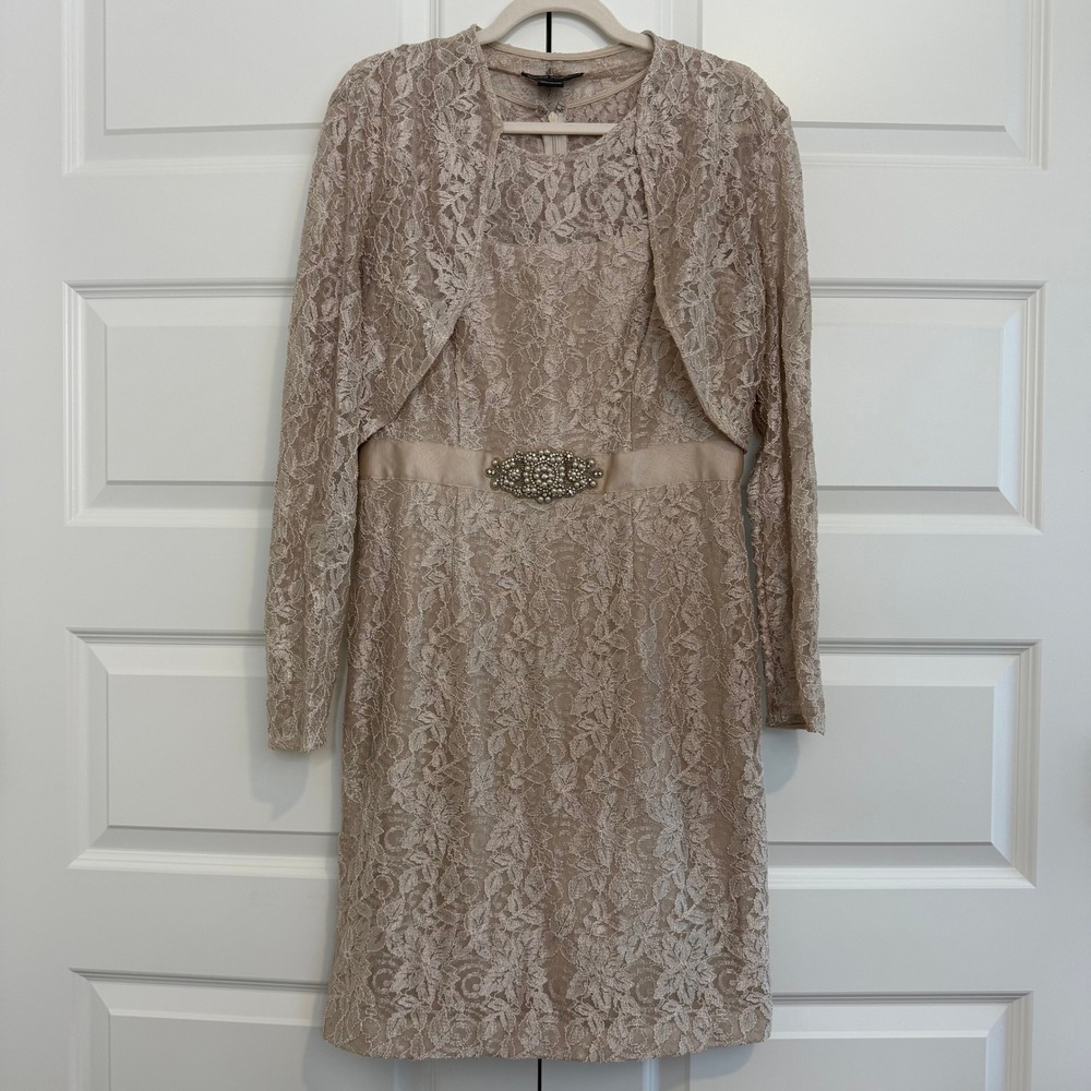 Jessica Howard | Champagne Lace with Rhinestone Dress + Jacket Set